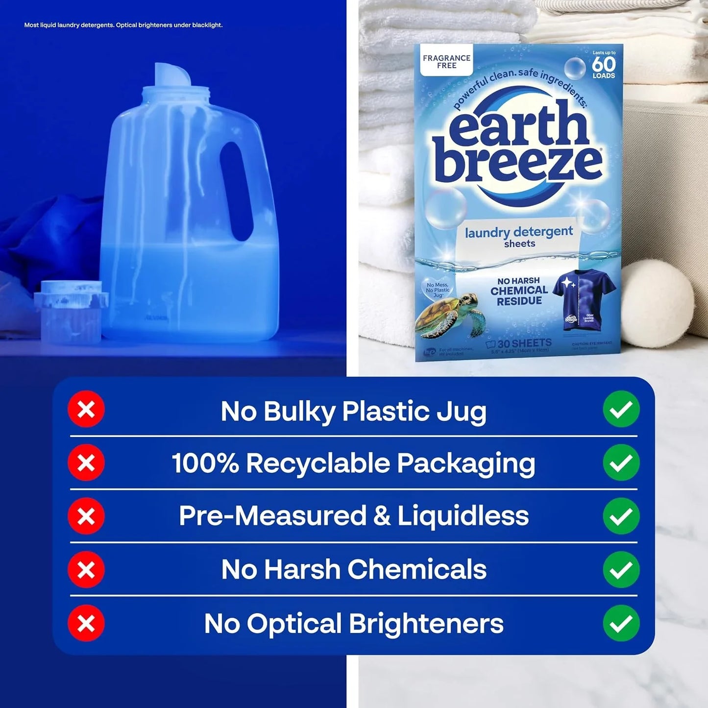 Earth Breeze Laundry Detergent Sheets Calming Lavender 60 Loads (Fragrance Free)