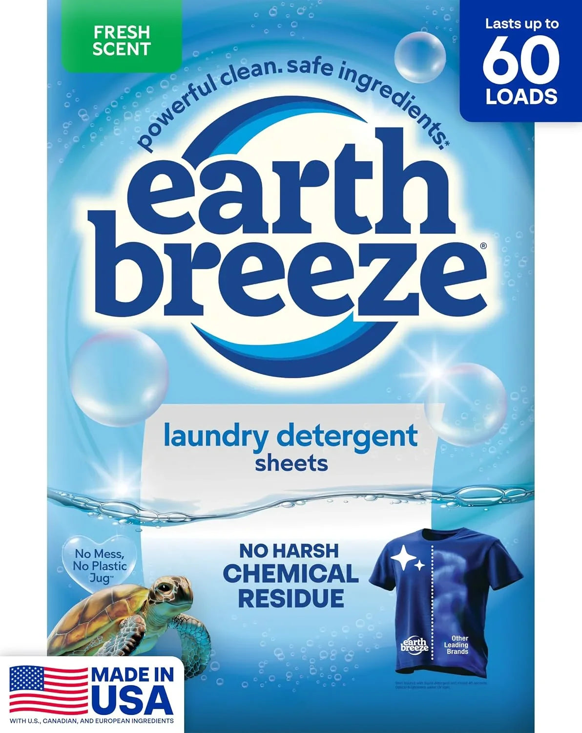 Earth Breeze Laundry Detergent Sheets Fresh Scent 60 Loads