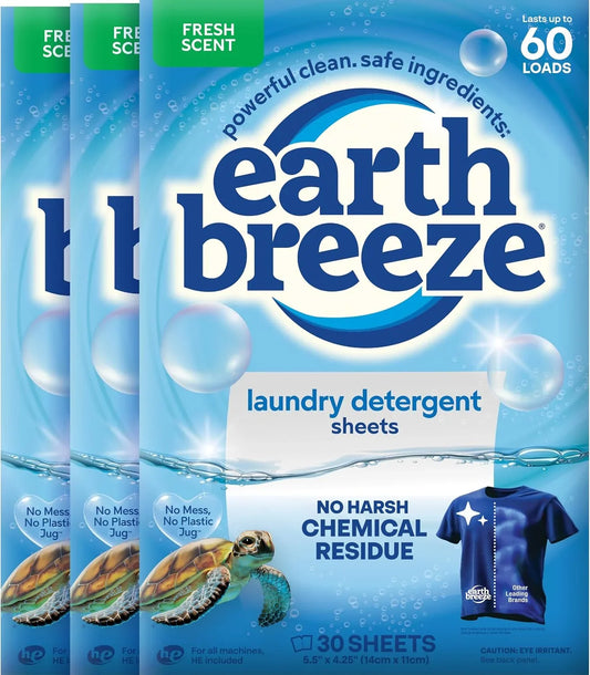 Earth Breeze Laundry Detergent Sheets Fresh Scent - 60 Loads per package. Eco Liquidless Soap - Travel-Friendly for Hot & Cold Cycles, Tackles Tough Stains & Odors - Gentle on Skin, 30 sheets (3 Pack)