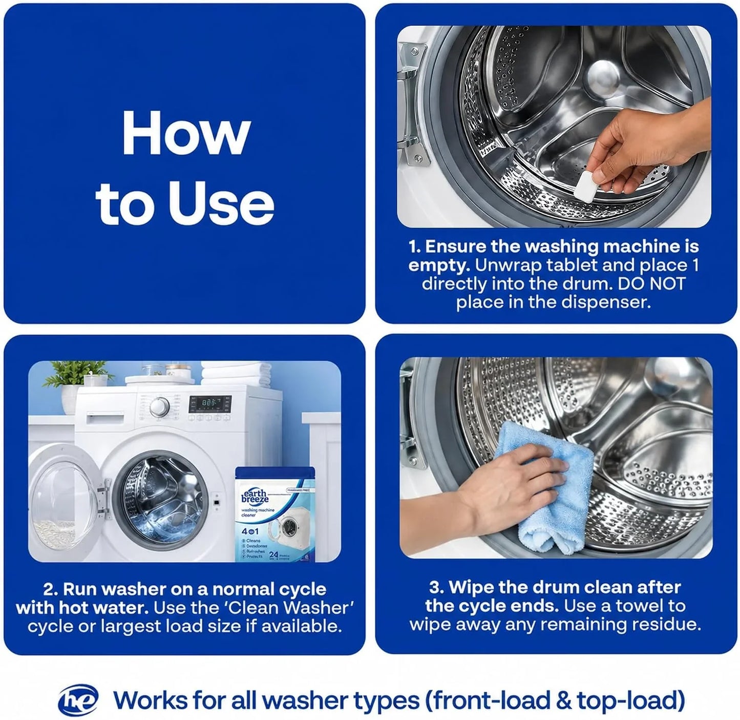 Earth Breeze Washing Machine Cleaner Tablets Fragrance-Free 1 Year Supply